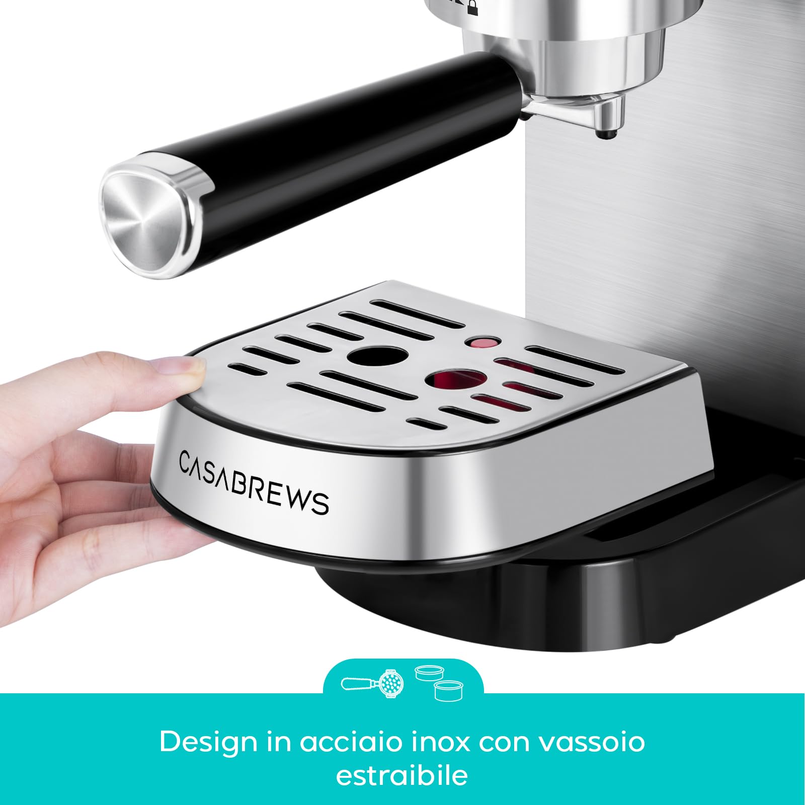 CASABREWS Macchina Caffè Macinato, 20 Bar Macchina da Caffè Espresso Manuale e Cappuccino, Per Polvere, Serbatoio Estraibile 1L, 1350W, Piano Scaldatazze, Inox, Argento