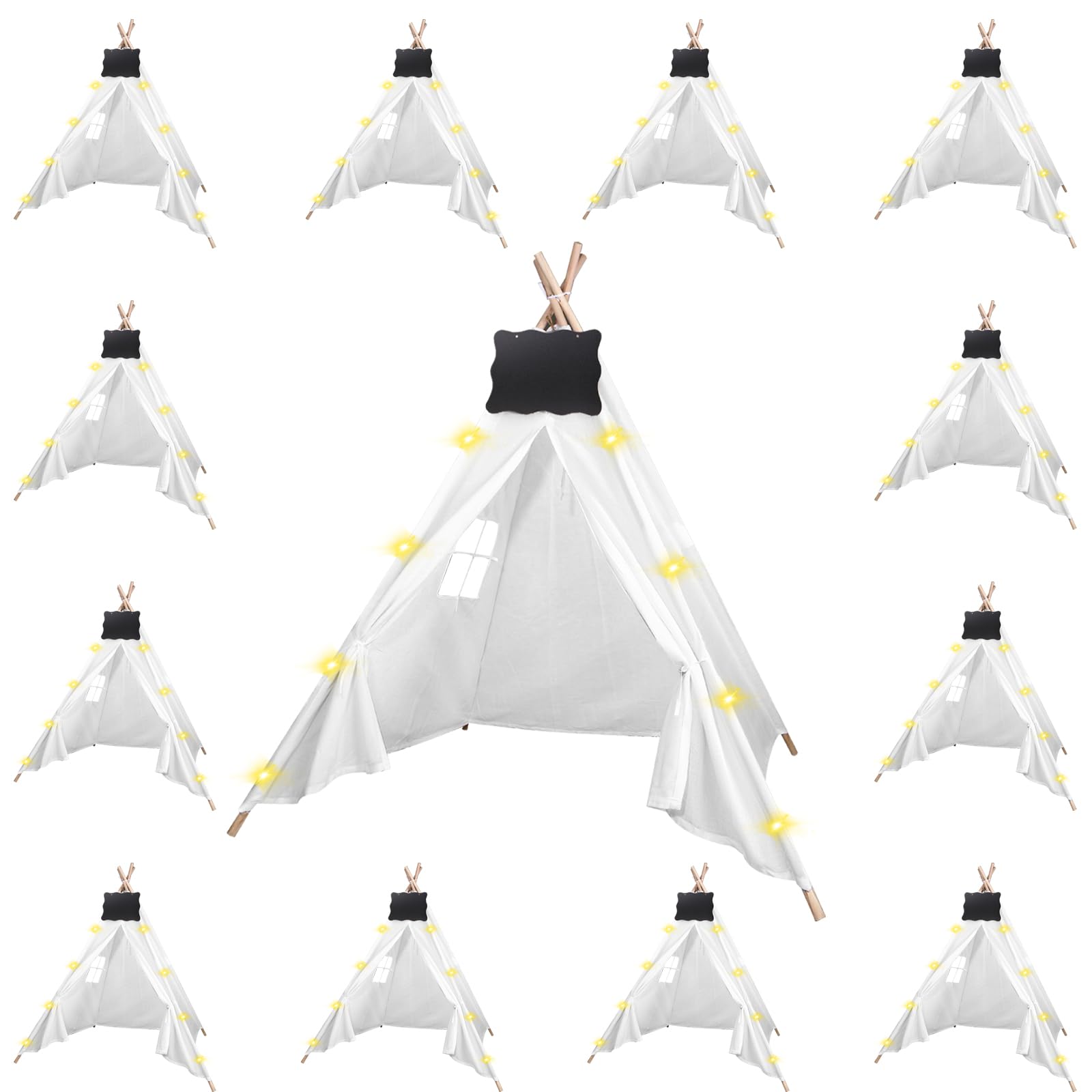 Sponsored Ad - 12pcs Teepee Tents Set with Markeable Small Blackboards and 10FT String Lights, Foldable Indoor Outdoor Play Teepee Tent for Girls & Boys, for Birthday Party Boho Sleepovers Party (White)