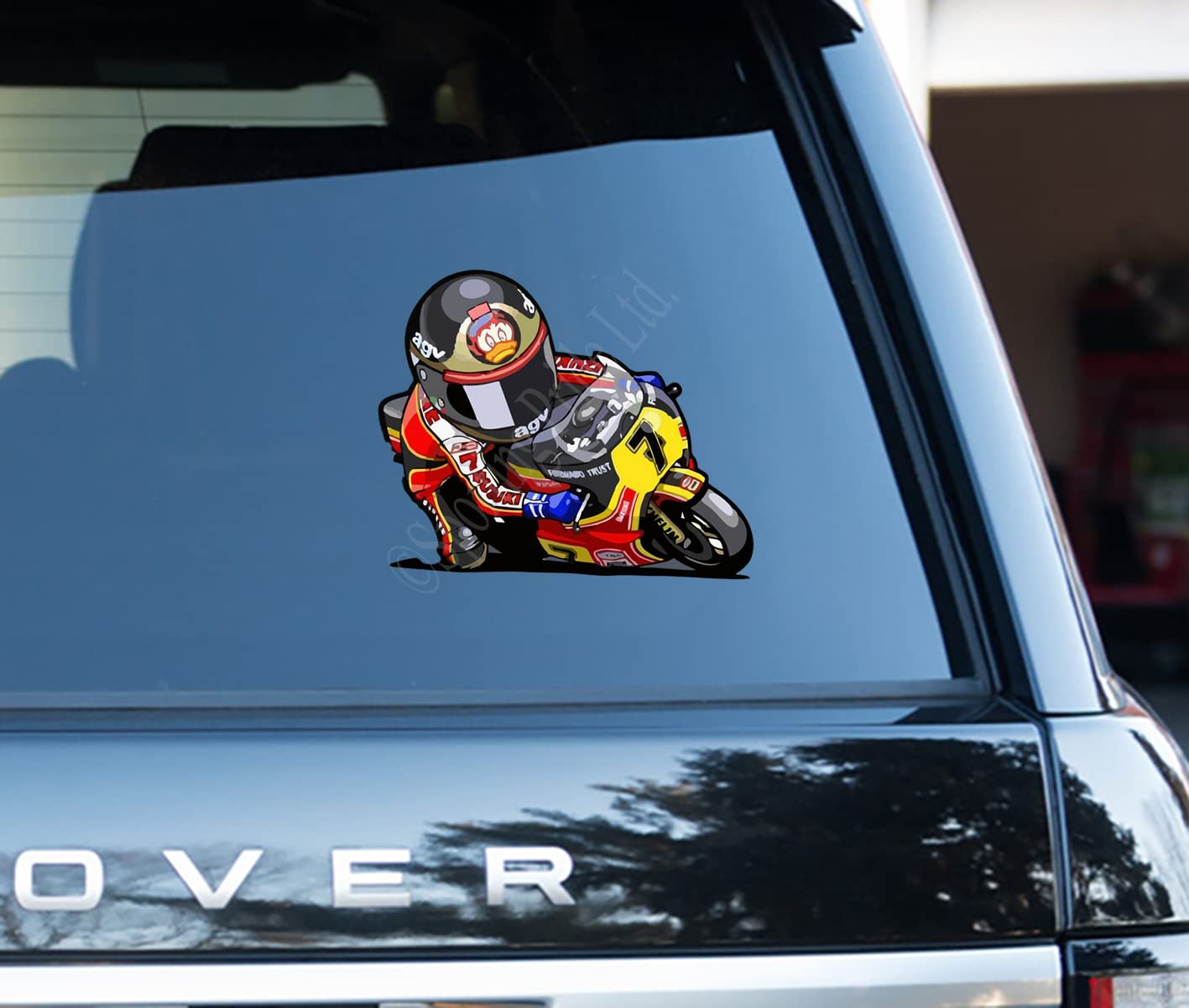 Barry Sheene Cornering Cartoon Effect Funny Decal Sticker Car, Van, Laptop, Doors or Walls Ideal for Camper Vans, Caravans Cars and Vans National Pride
