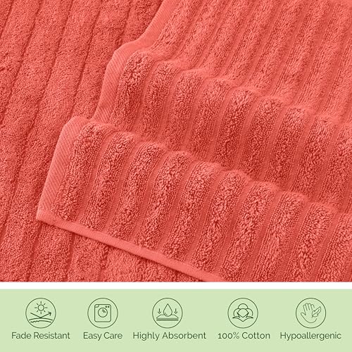 Image of Elegant Comfort Luxury 100% Turkish Cotton Corduroy Ribbed 4 Pack Hand Towel Set 16 x 28 Inch - Absorbent, Super Soft, Quick Dry, Premium Towels for Bathroom, Gym, Spa and Hotel Use, Coral