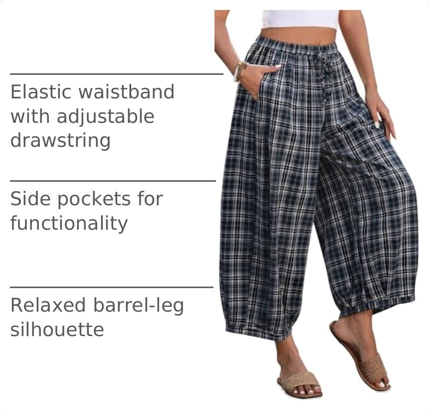 Image of TARSE Women's Plaid Cotton Linen Wide Leg Pants with Pockets