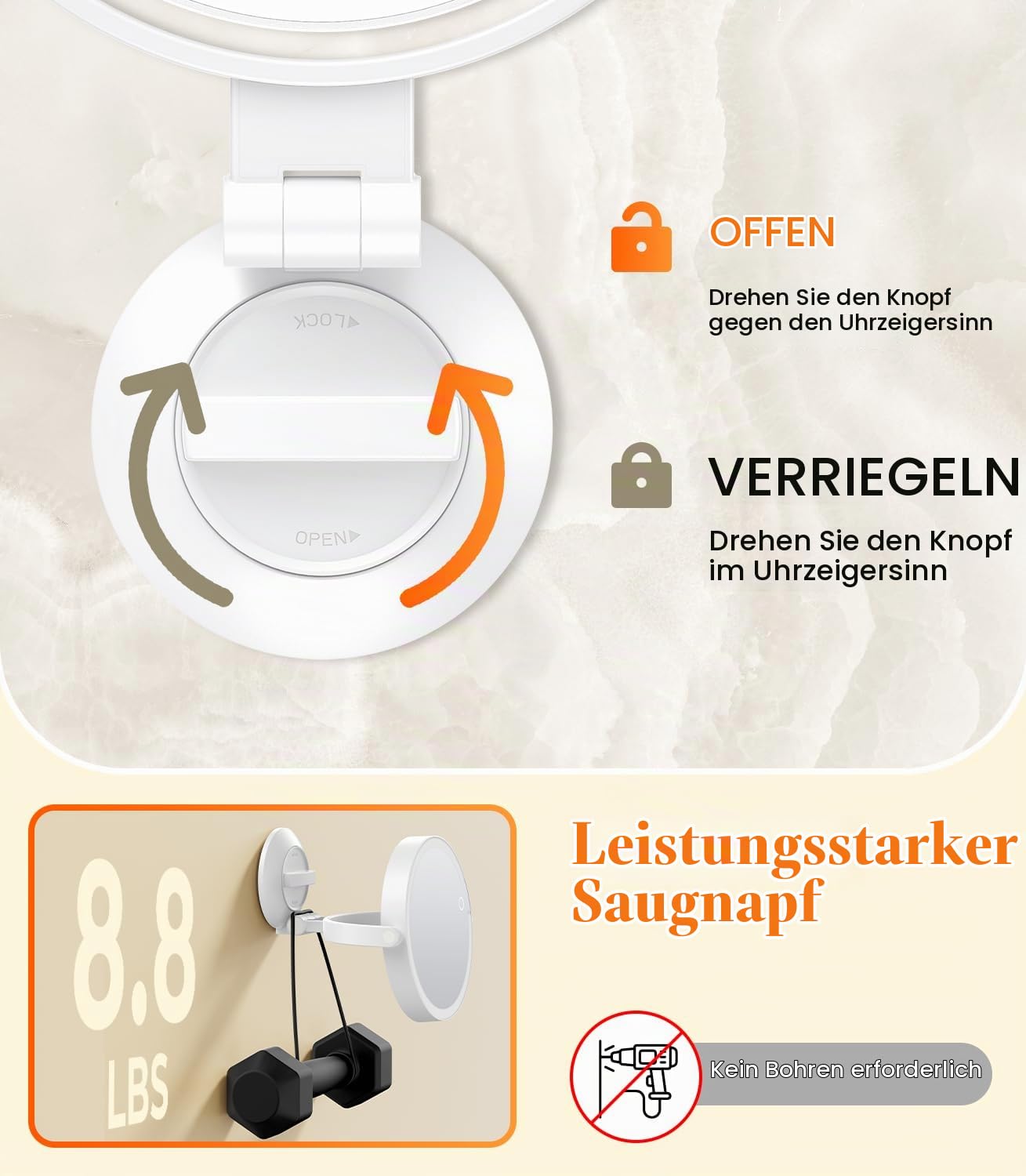 Gospire 7“ Wandspiegel mit Beleuchtung und 10-facher Vergrößerung, 3-farbig beleuchteter Badezimmerspiegel mit leistungsstarker Saugnapfverriegelung, Led-Spiegel für den Schreibtisch - Weiß