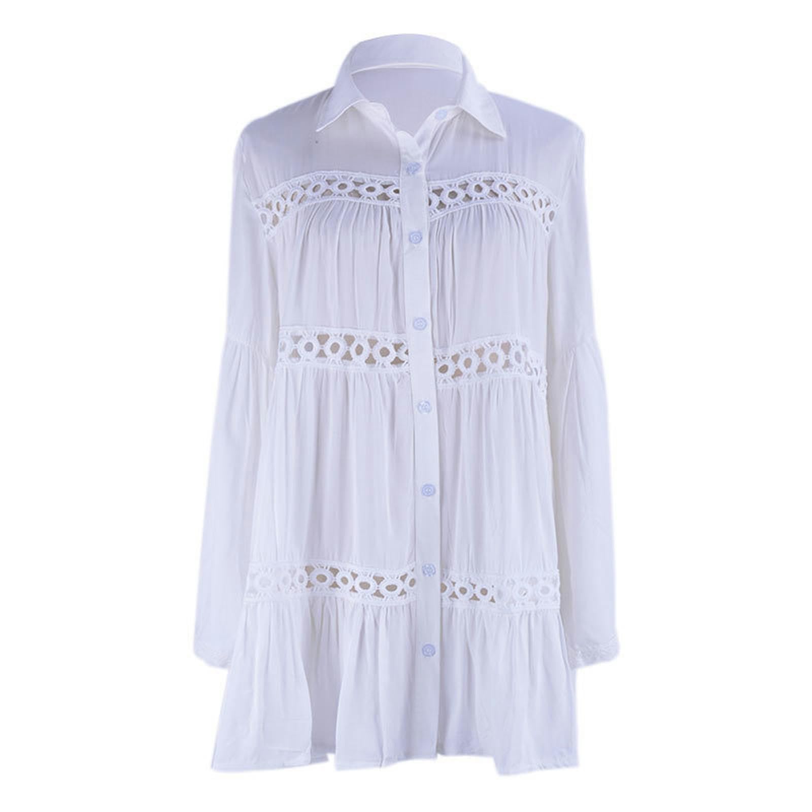Nuovo Cardigan da Donna in Pizzo a Strati Stile Camicia con ma a Campana, Copricostume da Spiaggia, Protezione Solare, Giacca - Bianco - Taglia Unica