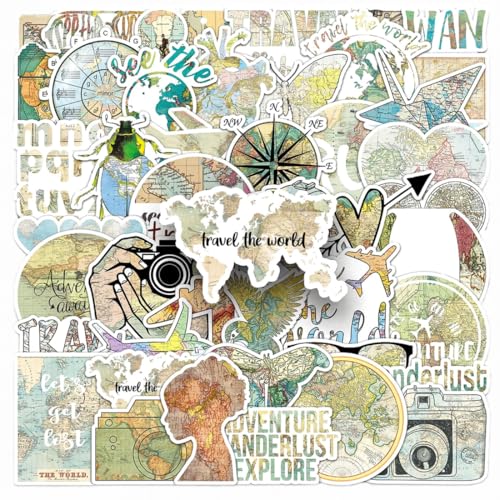 50 Stück Scrapbook Stickers, Koffer Sticker, Kofferaufkleber, Wasserfest Retro Reiseaufkleber, Travel Urlaub Kleine Sticker, Journaling Zubehör, für Laptop Fahrrad Motorrad Skateboard Helm Auto