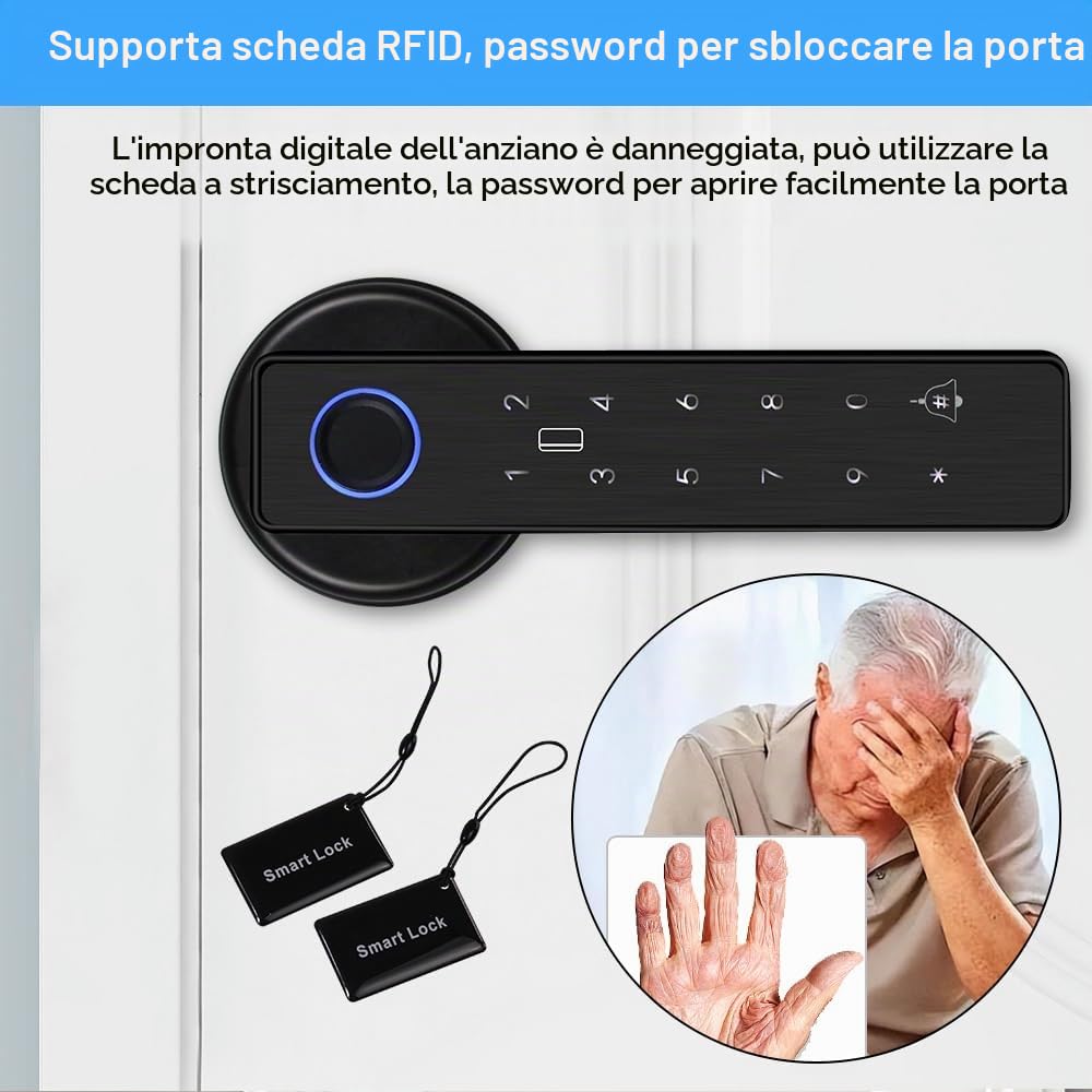 Smart Door 5-in-1 Lock Maniglia Porta Elettronica con Tastiera Password WiFi TUYA Smart Lock con Improntata Biometrica Digitale RFID IC Card Touch per Casa Ufficio Appartamento