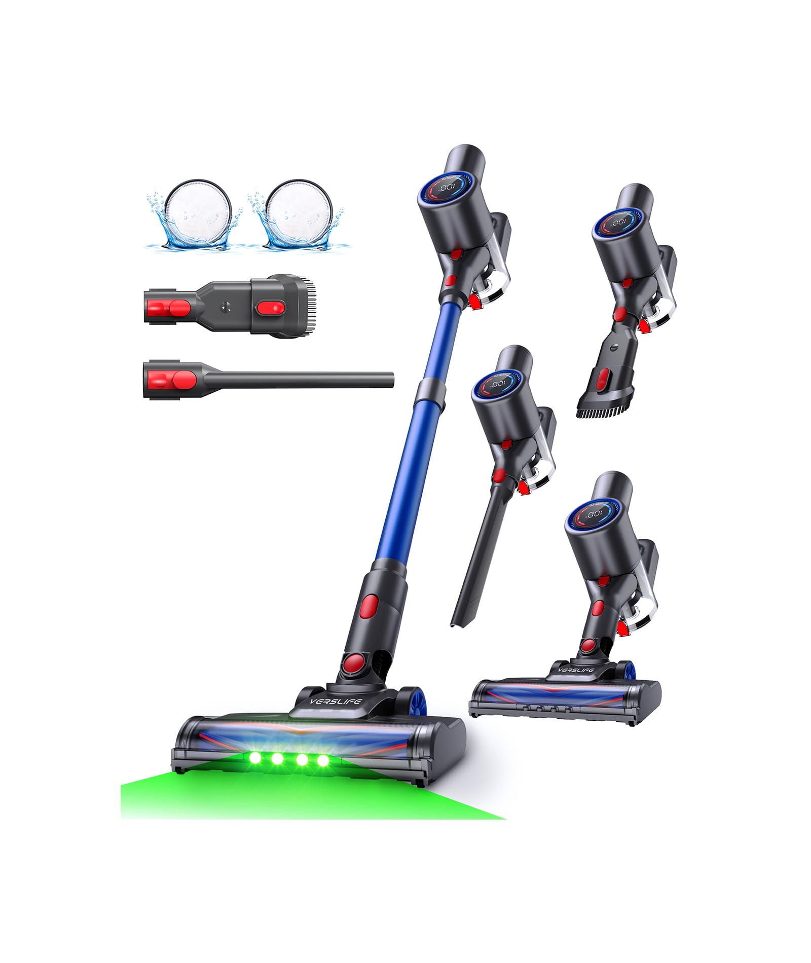 VersLife Z8 Aspirapolvere Senza Fili 40KPa, Scopa Elettrica Leggera con Filtro HEPA, Luce LED Verde, Autonomia 45 Min, Design Autoportante, per Pavimenti Duri, Tappeti e Peli di Animali