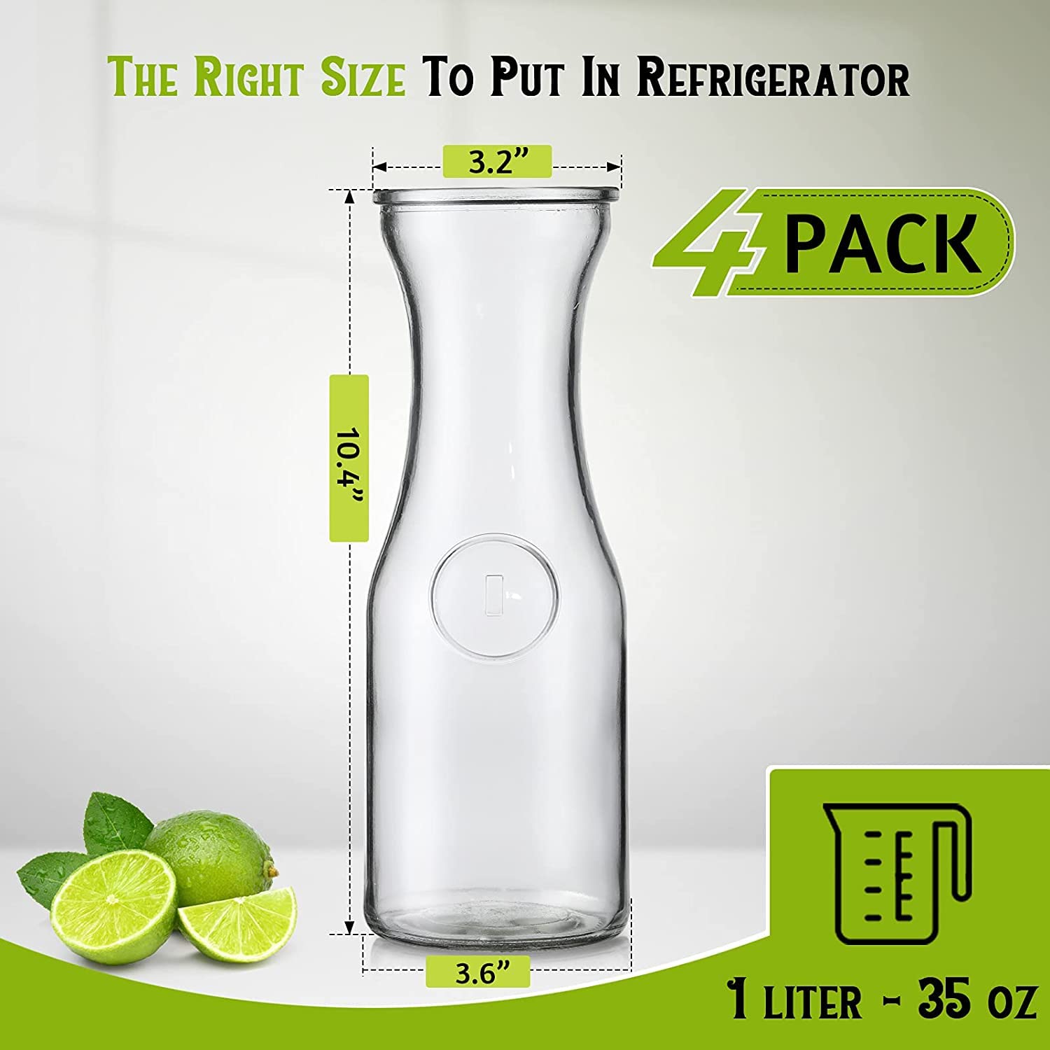 Set of 4 Glass Carafe with Lid, O9 O-Nine 1 Liter Beverage Serveware Carafe, Clear Glass Pitcher for Mimosa Bar, Brunch, Cold Water, Juice, Milk, Iced Tea, Lemonade