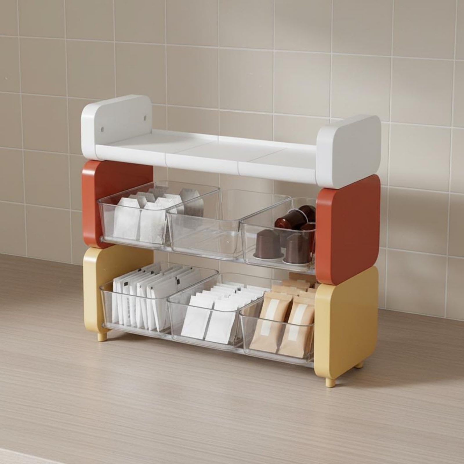 Estante de Almacenamiento Organizador de Sobres de Té Caja de Café Dispensador de Cápsulas Soporte de Mostrador con Clasificación Visible y Adecuado, Crema
