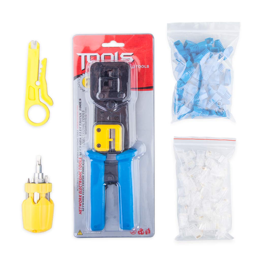 10Gtek RJ45 Crimp Tool, Cat5e/Cat5/Cat6 for RJ45 RJ12 Pass Through Connectors with 50PCS Connectors, 50PCS Covers, Wire Stripper and Screwdriver Crimper Kit