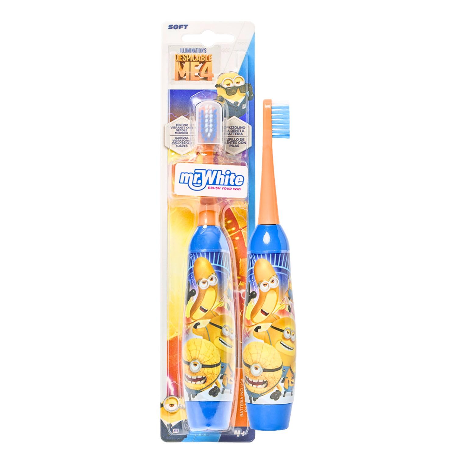 Minions - Spazzolino elettrico a batteria con setole morbide, vibrazioni migliorate, tappo di protezione e batteria inclusi, per bambini dai 4 ai 14 anni, senza BPA e atossico