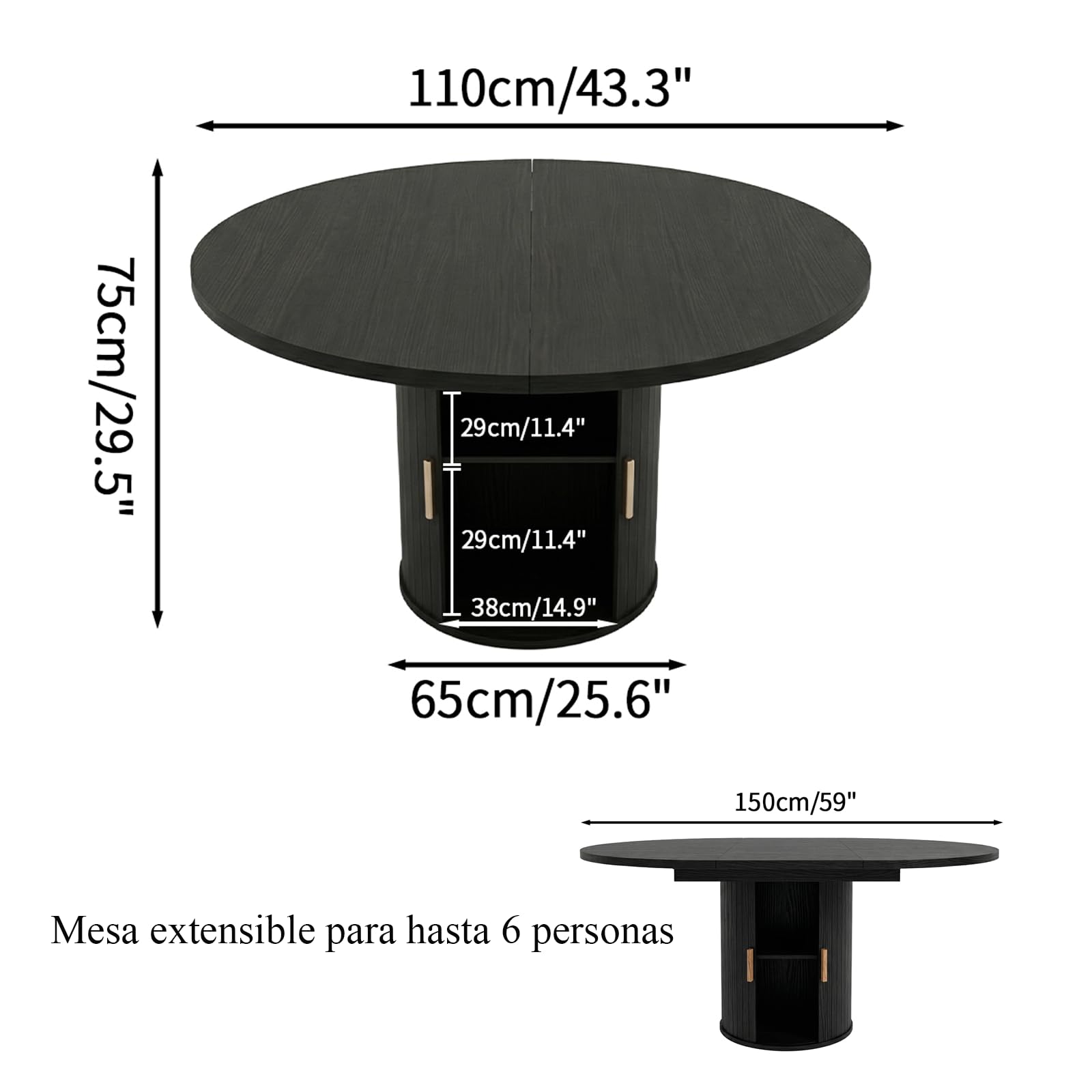 Mesa de comedor redonda extensible - de redonda a ovalada | Mesa de comedor moderna con base cilíndrica, mesa de cocina de madera para 4-6 personas, color negro (solo mesa)
