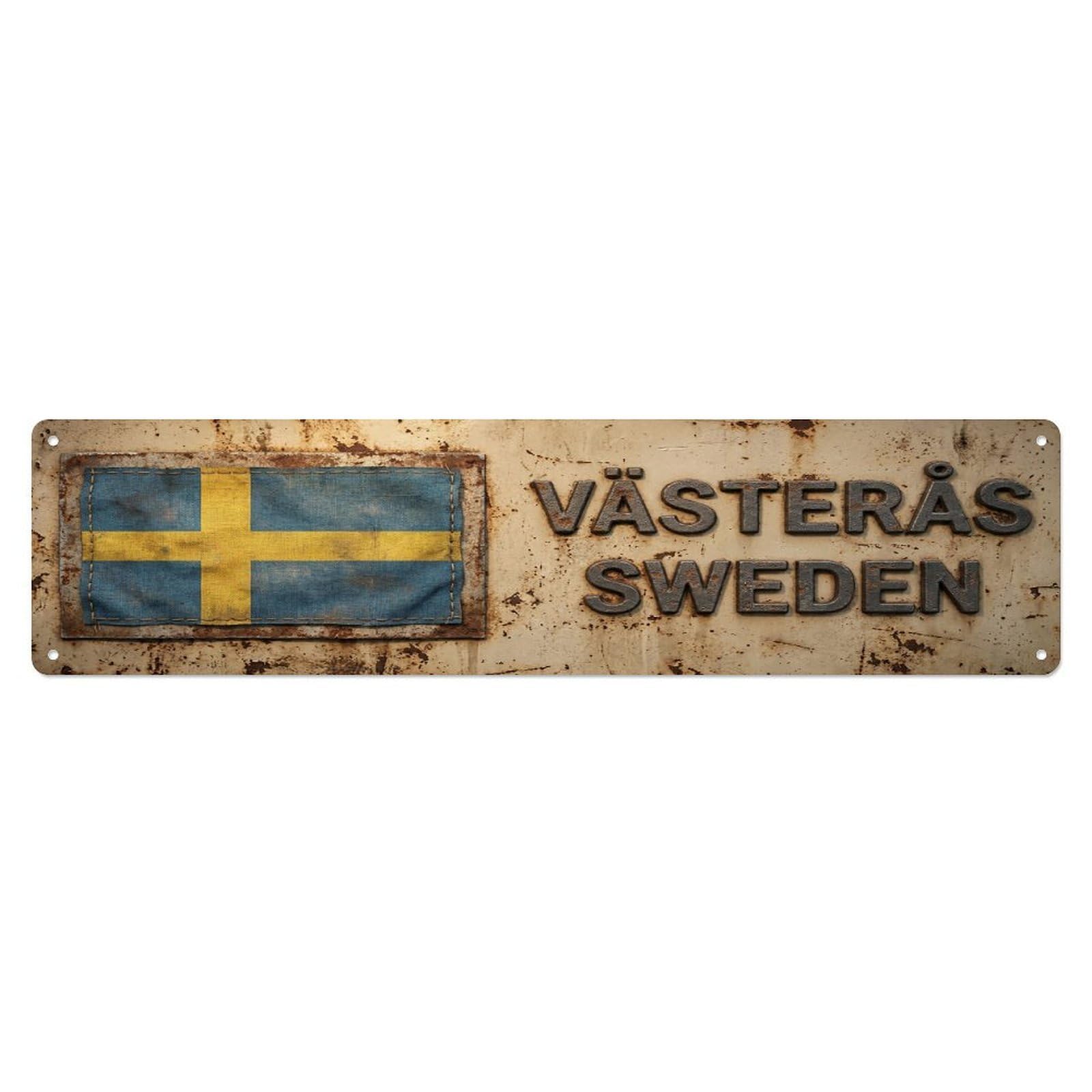 Vintage Vasteras Sweden Flag Decor Rustic Travel Metal Tin Sign
