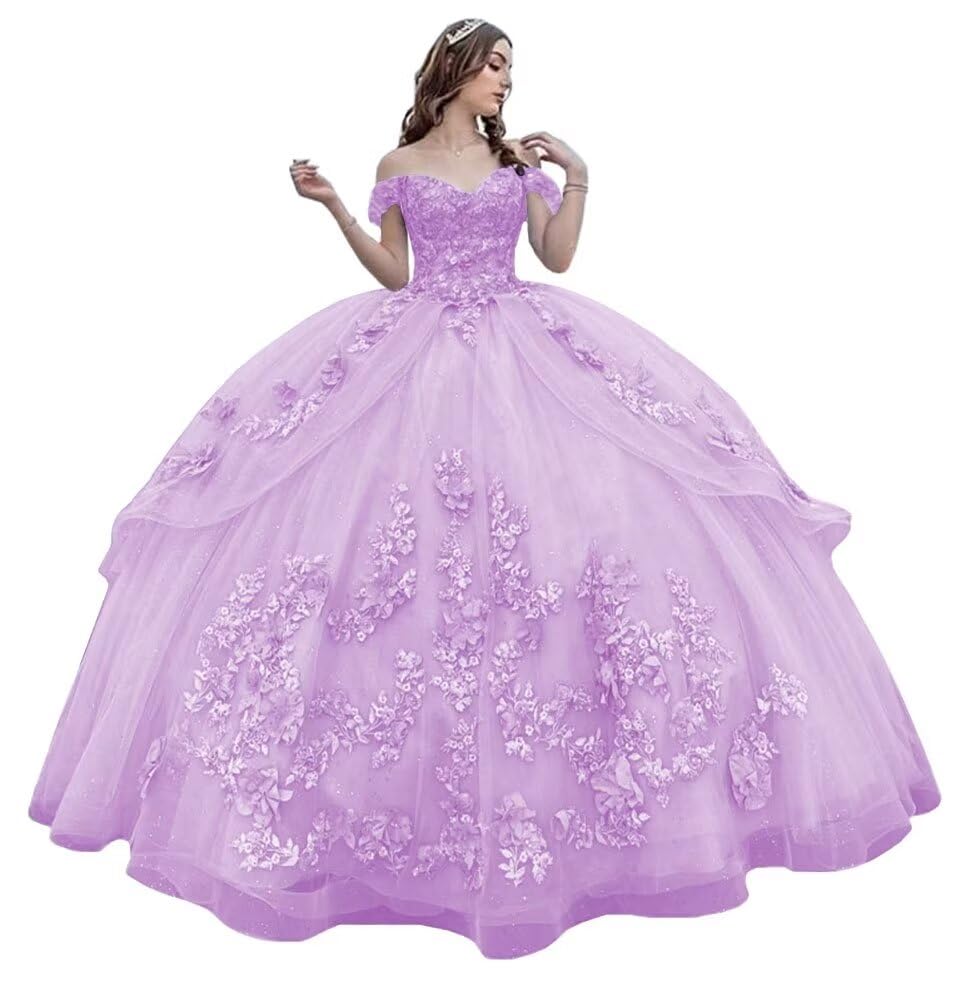 Mauuwy 3D Floral Quinceanera Dresses Ball Gown Puffy Sparkly Tulle Sweet 16 Dresses Off Shoulder Lace Princess Dress Y120