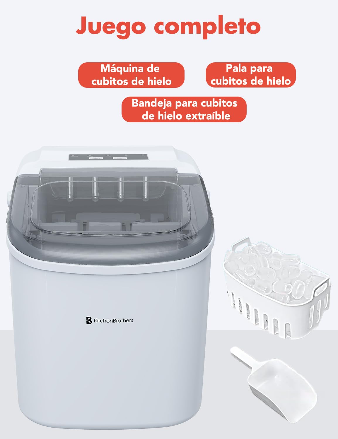 KitchenBrothers maquina de Hielo - Ice Maker - Maquina de Hacer Hielo - Máquina para Hacer Cubitos de Hielo con Pala para Hielo - 9 Cubitos de Hielo en 8 Min. - Portátil con Asa - 1,2L