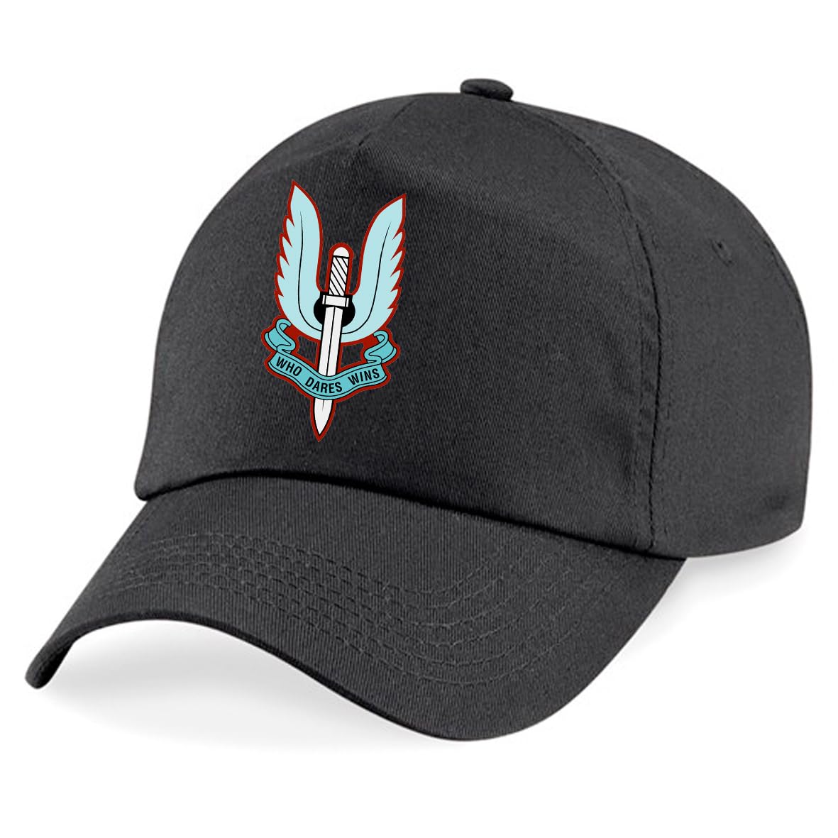 Psave SAS Special Air Service Who Dares Wins Blue Flaming Dagger Insignia Baseball Cap British Army Military Embroidery (Black)