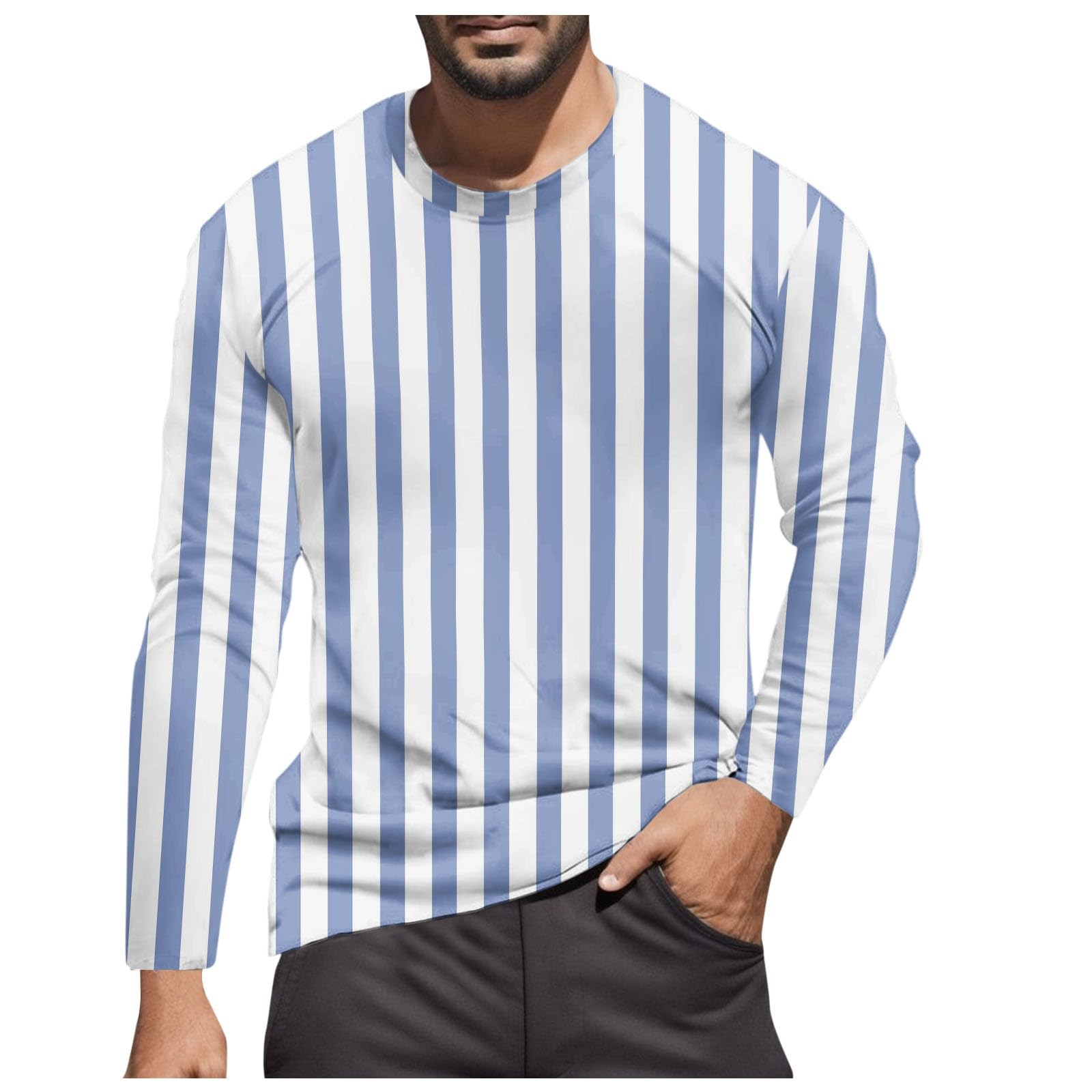 Striped Shirt Men Women Red White Long Sleeve T-Shirt Carnival Long Sleeve T-Shirt Horizontal Stripes Wide Stripes Fine Stripes Crew Neck Leisure Top Striped Shirt Fancy Dress Costumes, Light blue-9