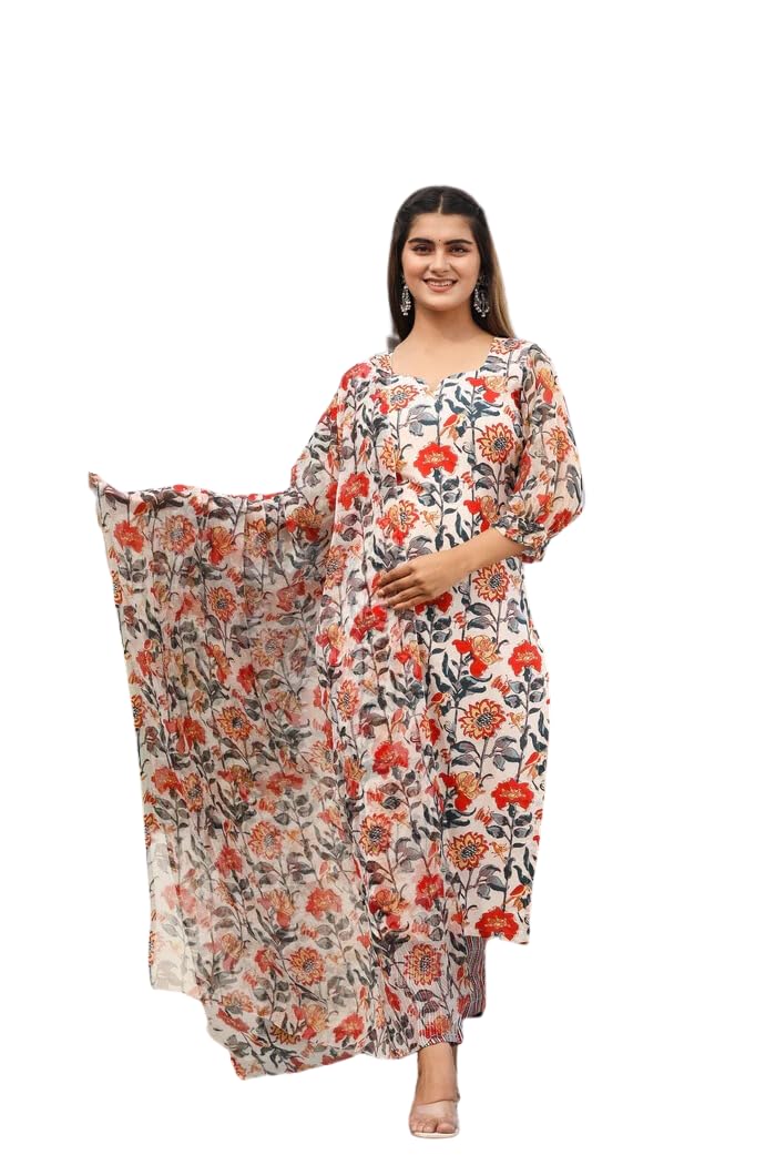 Leriya Fashion Floral Dresses For Women & Straight Kurtis, Kurta Set With Dupatta For Women (Large, White)