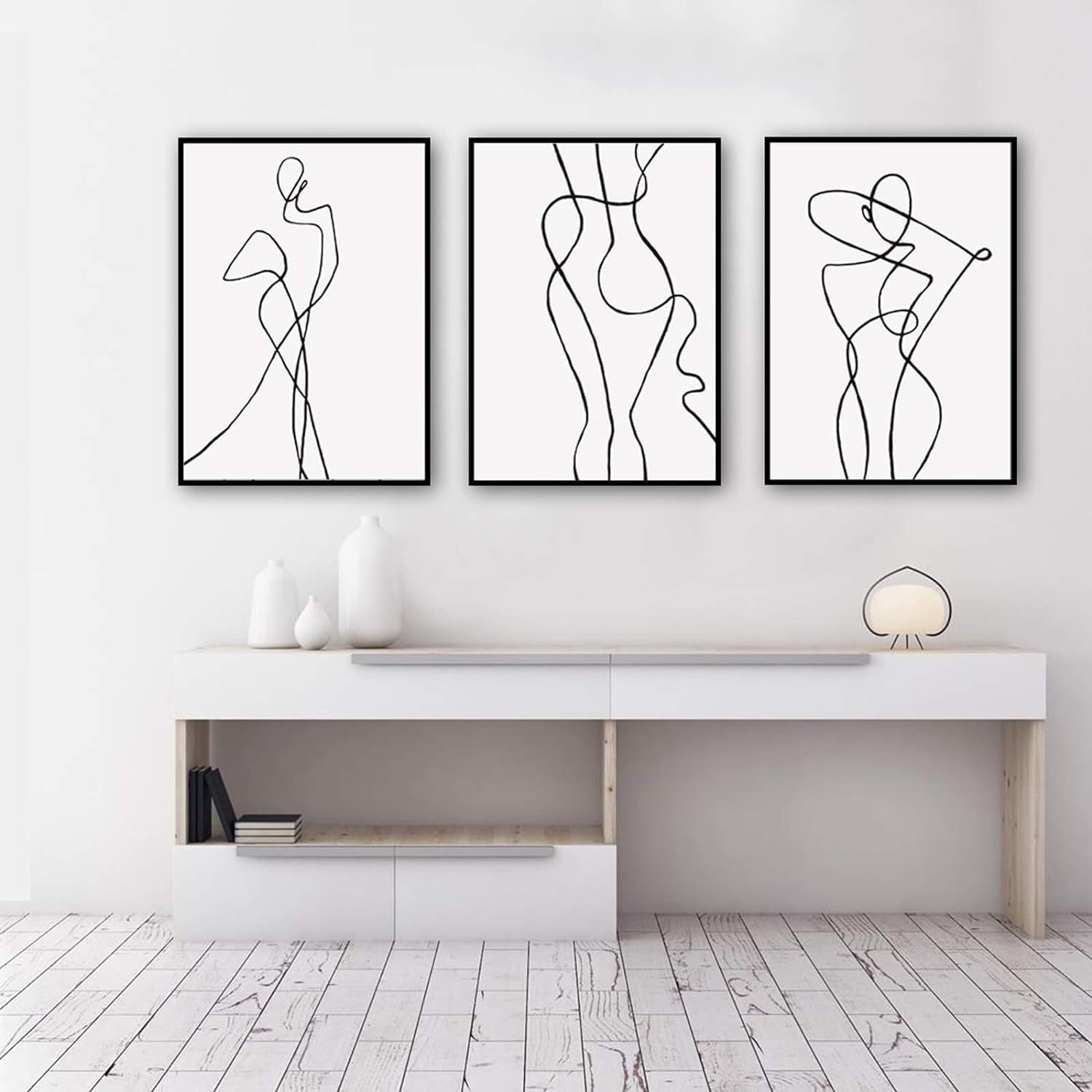BPA® Female Wall Art Line Drawing Girl Print Minimalist Wall Art Simple Fashion Poster Women Flower Leaf Body Sketch Black White Canvas Painting Aesthetic Canvas Prints, 16x24 inch x3 Unframed