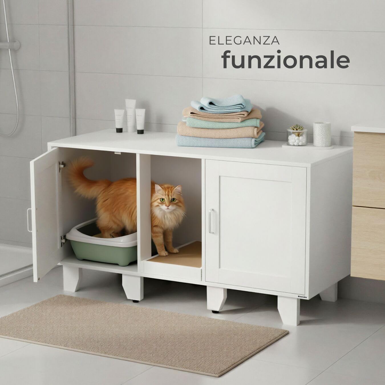 tectake® Mobile lettiera gatto chiusa a due ante, ingresso centrale, tappetino tiragraffi, mobiletto lettiera gatto, armadietto per lettiera gatti, ante magnetiche - 120 x 52 x 65 cm - Bianco