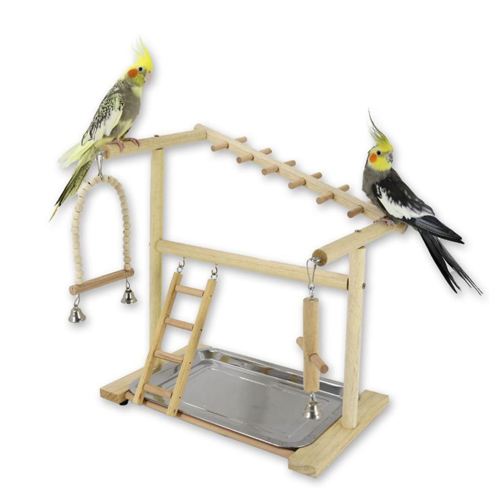 Vogel Sitzstangenständer, Papageien Spielständer mit Edelstahl Tablett, Futterbecher, Leiter, Schaukel, Holz Kauspielzeug für kleine Vögel, Vogelspielplatz, Naturholz Sitzstangenständer mit Schüsseln,