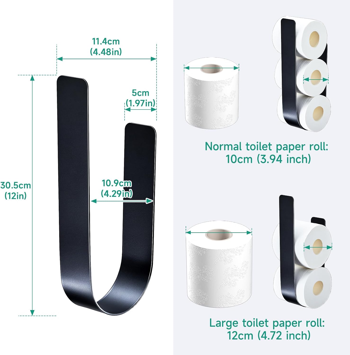 Toilet Paper Storage Wall Mount, Over The Tank Extra Toilet Paper Holder for 3 Rolls Tissue, Metal Tissue Roll Storage Stand for Bathroom, RV Adhesive Loo Roll Holder (Black)
