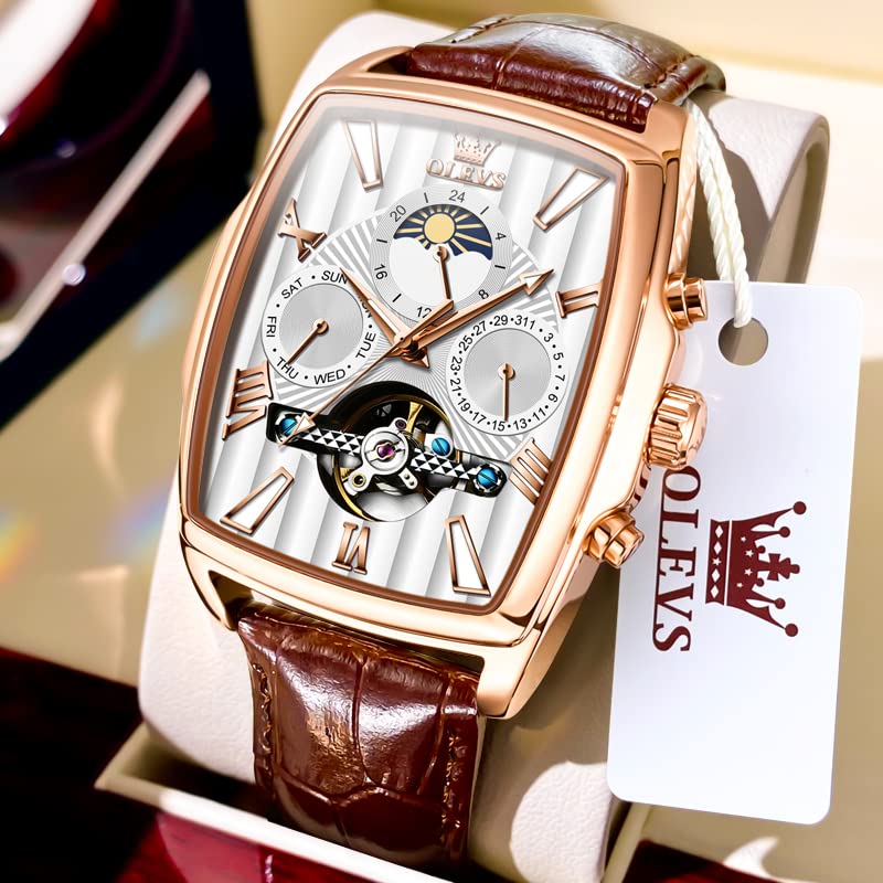 Image of OLEVS Mechanical Dress Mens Watches Square Brown Leather Strap Moon Phase Skeleton Tourbillion Day Date Waterproof Luminous Men's Wrist Watches