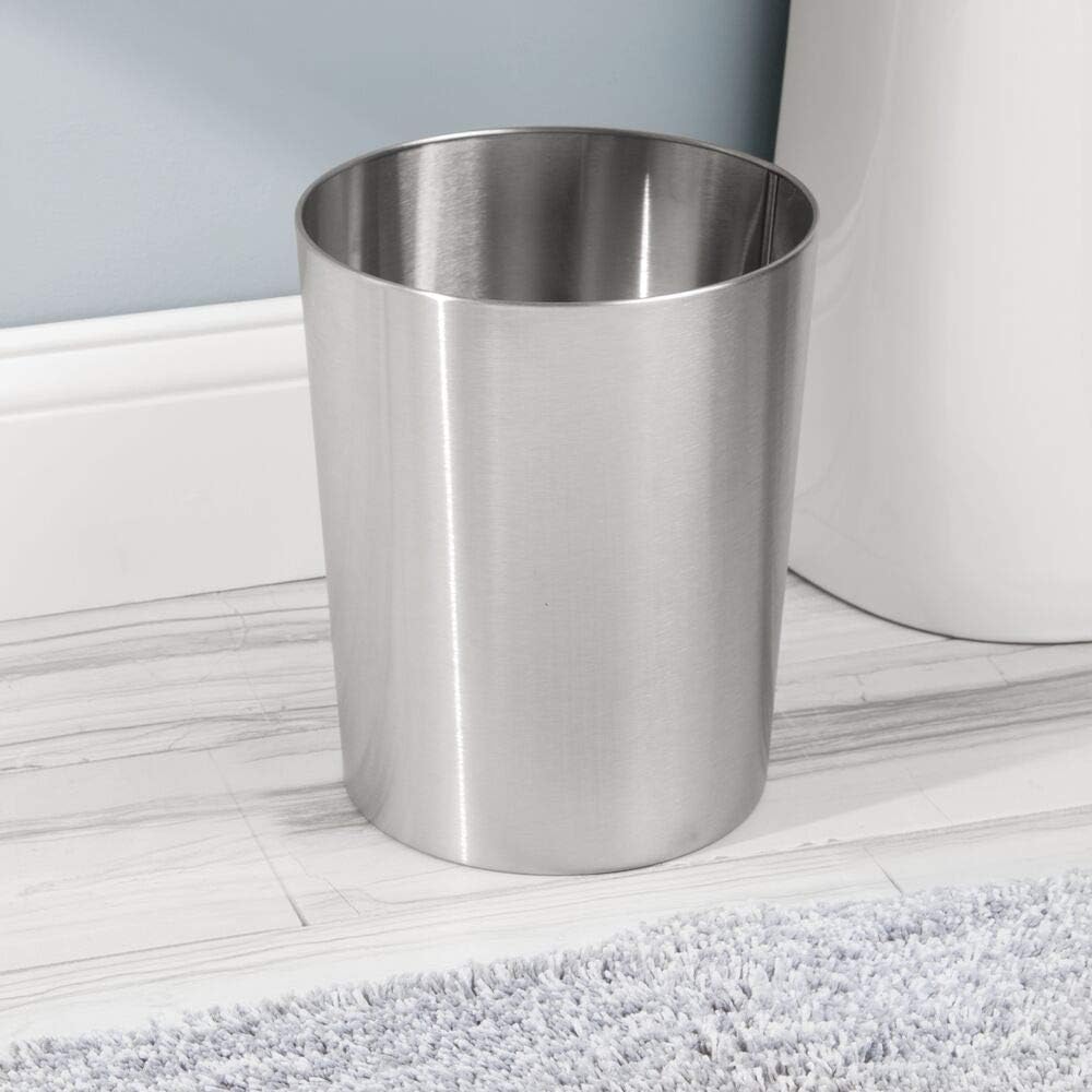 mDesign Round Metal Small Trash Can Wastebasket, Garbage Container Bin for Bathrooms, Powder Rooms, Kitchens, Home Offices - Durable Stainless Steel - Brushed