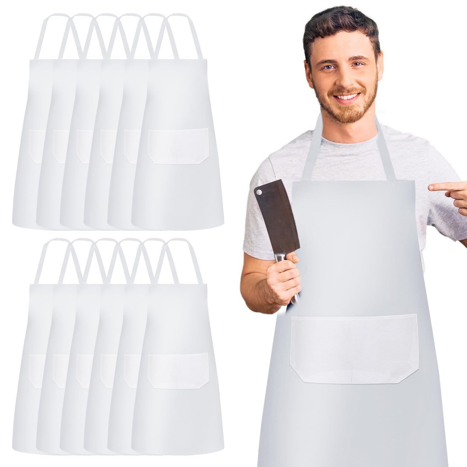 SPORWAY Delantal de cocina de 12 piezas: delantal ajustable con 2 bolsillos, delantal de cocina blanco, delantal de cocinero unisex, banda ajustable para el cuello, delantal para cocina, cocina,