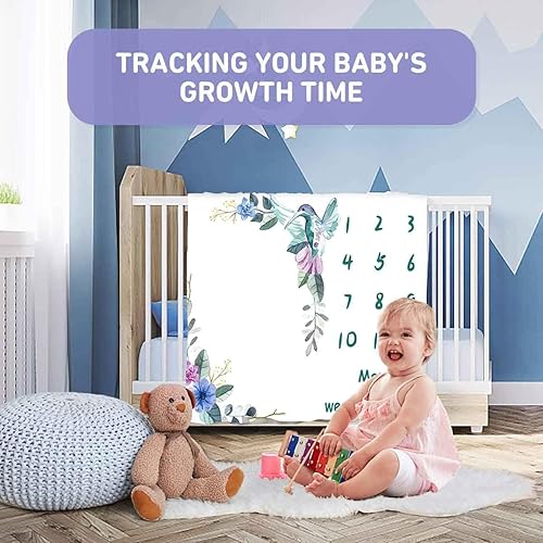 Miniatura 8 de BTXTPH504 - Manta mensual de hitos para bebé, tabla de crecimiento personalizada de pájaro floral azul, fotos de bebé, 48 x 40 pulgadas, fondo de