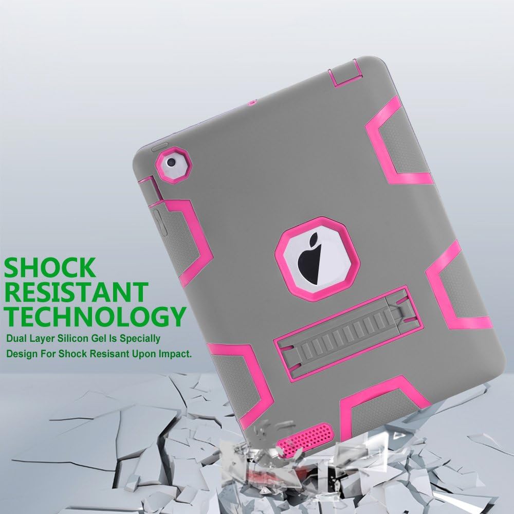 TOPSKY iPad 2 Case,iPad 3 Case,iPad 4 Case,iPad 2/3/4 Kids Proof Case,Heavy Duty Shockproof Rugged Kickstand Protective Cover Case for iPad 2nd/3rd/4th Generation Retina(A1416/A1458) Grey Pink