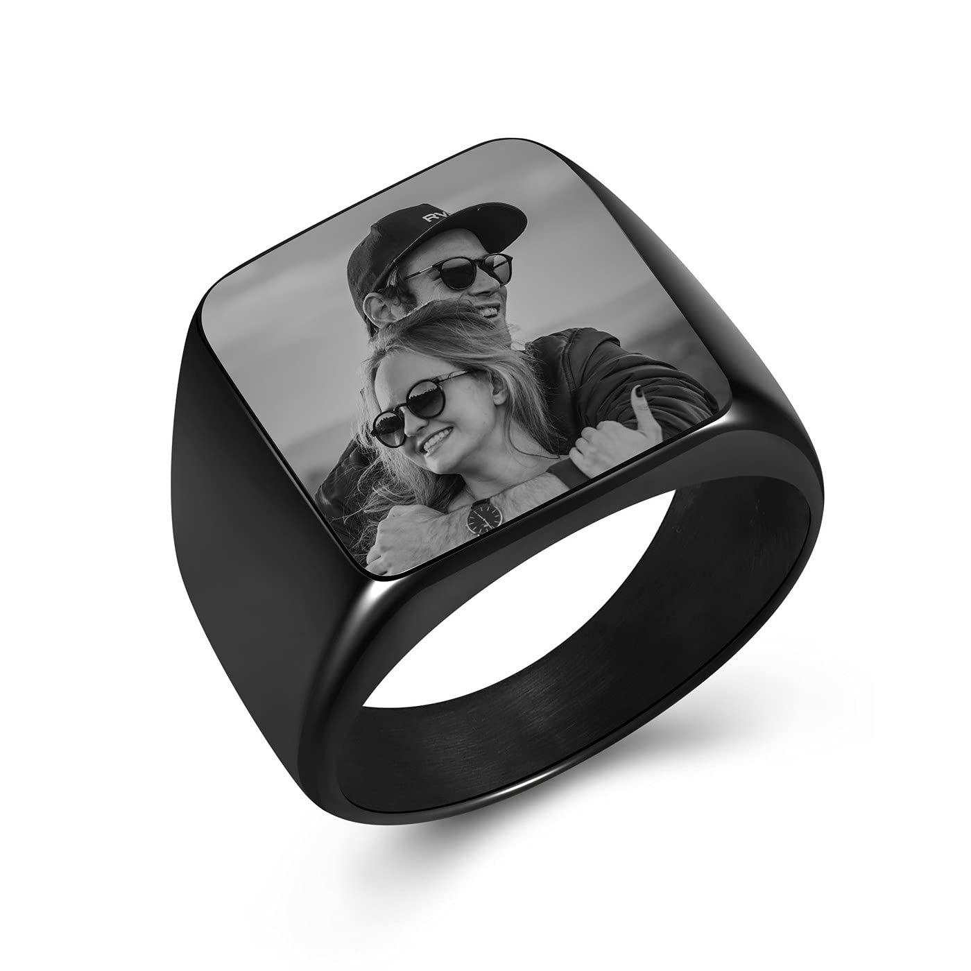 BOPREINA Personalized Signet Ring Engraving Picture Custom Photo Biker Rings for Men Women Memorial Stainless Steel Wedding Band Jewelry Size 9-14