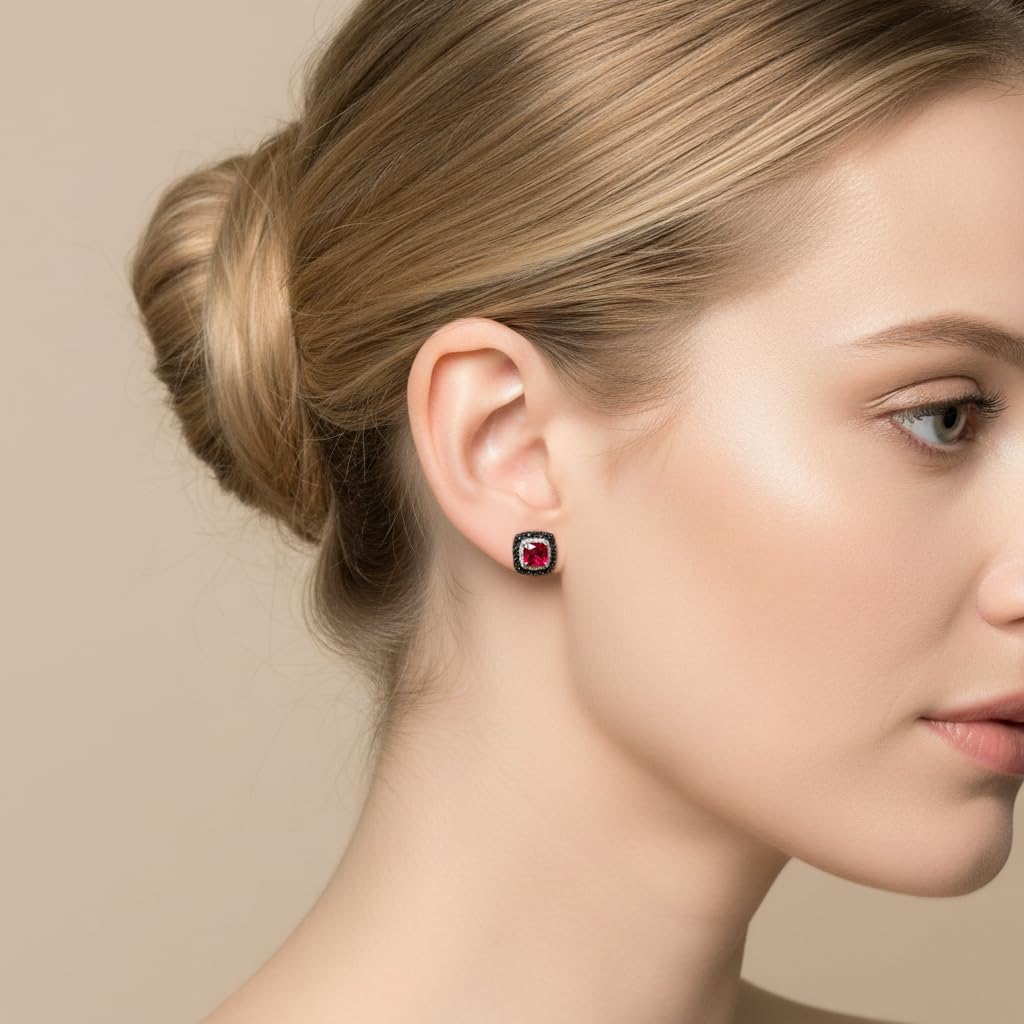 Jewelili Cushion Gem Stone with Black and White Diamonds Halo Stud Earrings in Sterling Silver. Choice of Ruby, Emerald, Blue Sapphire, Blue Topaz, Or Opal