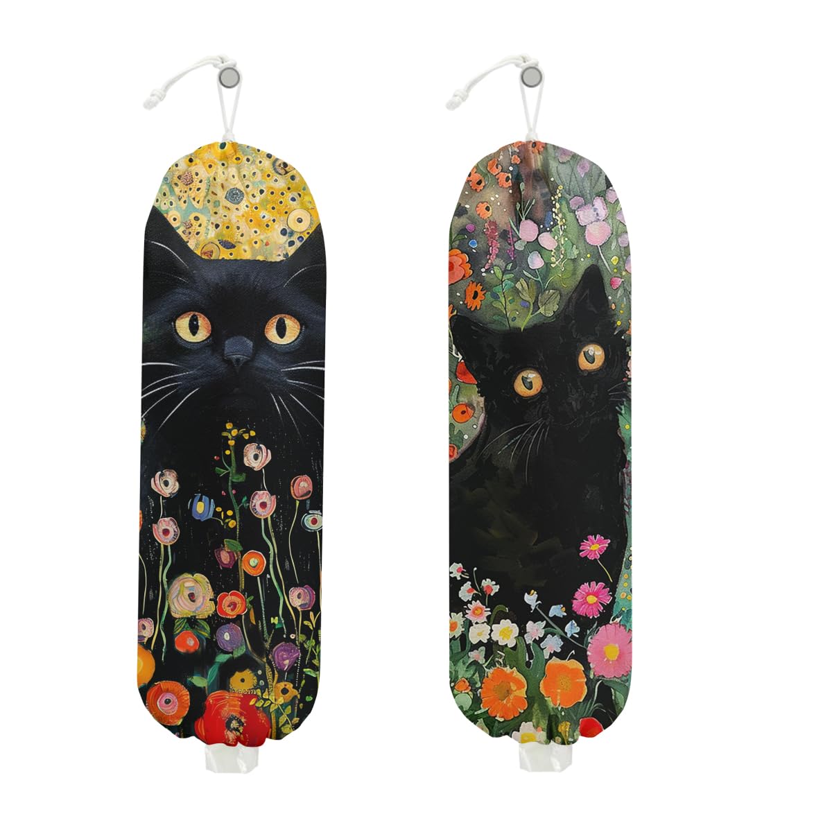 2PCS Cat Plastic Bag Holder, Wall Mount Grocery Bag Holder for Plastic Storage bag, Storage Organizer Reusable Grocery Bags, Pull Rope Free Adjustment