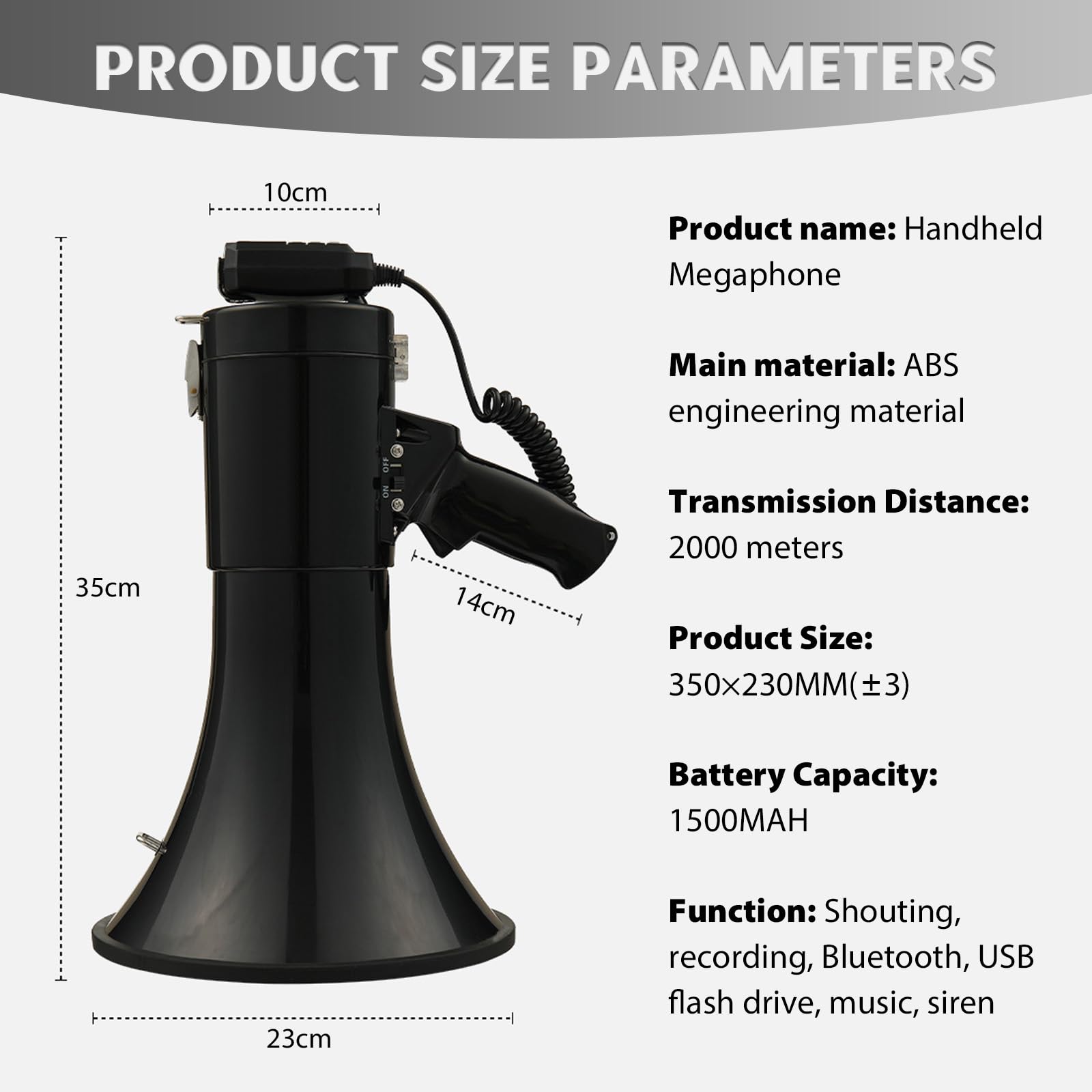Mégaphone Transportable 100W, Portée Maximale 2000m, Fonctions Enregistrement et Bluetooth, Megaphone Porte Voix avec Bandoulière Réglable