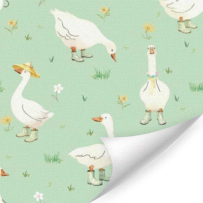 ANHUIB Cute Geese Wallpaper Funny Farm Animal Contact Paper Boho White Goose Flower Self Adhesive Paper(44x300cm) Animal Wallpaper for Kids Room Cartoon Goose Wall Sticker for Nursery Kitchen Bathroom — image 1