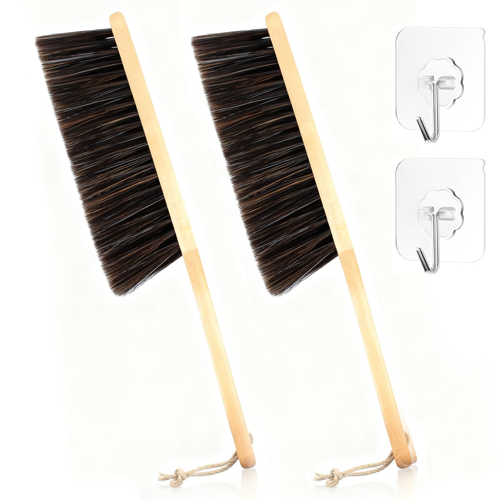 KU 2 Escobillas de Mano con Cuerda de Suspensión y Ganchos, 35cm Cerdas Suaves de PP, Mango de Madera Cepillo de Cerda - Ideal para Hogar, Jardín, Terraza, Coche, Taller (Marrón)