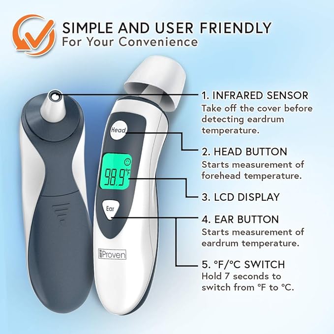 The iProven Thermometer for Adults Forehead and Ear is a reliable and easy-to-use thermometer that provides quick and accurate temperature readings. It features a fever alarm that alerts you when a high temperature is detected, as well as a color temperature indicator for quick and easy interpretation of results. The thermometer can measure temperatures in just one second, making it convenient for use with both adults and children.