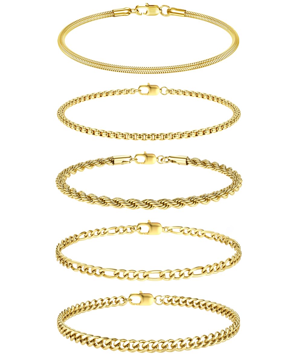 5 Pcs Gold Silver Bracelets for Men Stainless Steel Mens Bracelets Cuban Link Rope Figaro Chain Bracelet Set for Men Women Mens Jewellery Gift for Men Him Dad Boyfriends Husband