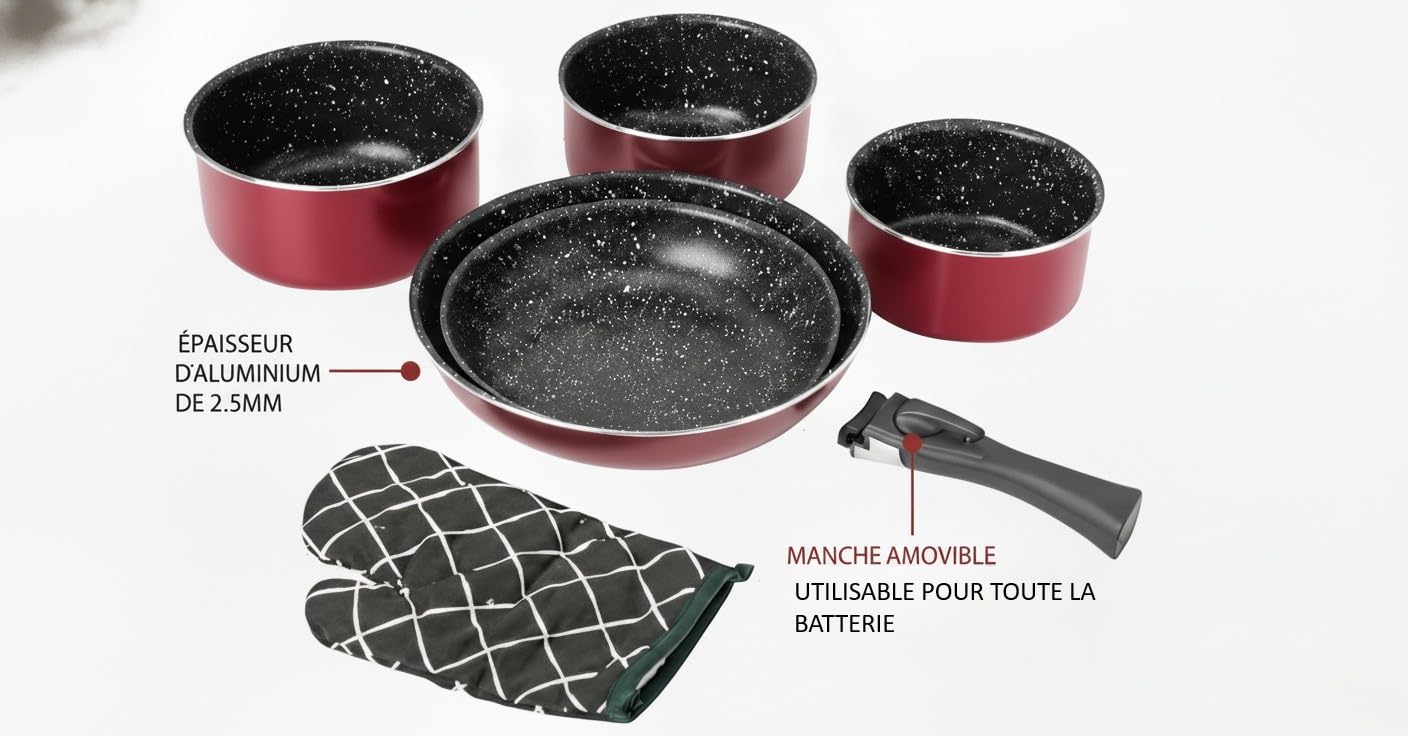 Herzberg - Batteria di Cucina - Set 3 Pentole Induzione e 2 Padelle Antiaderenti in Alluminio Forgiato - Manici Amovibili - Guanto da Cucina Incluso - Compatibile Tutti i Fuochi - Bordeaux