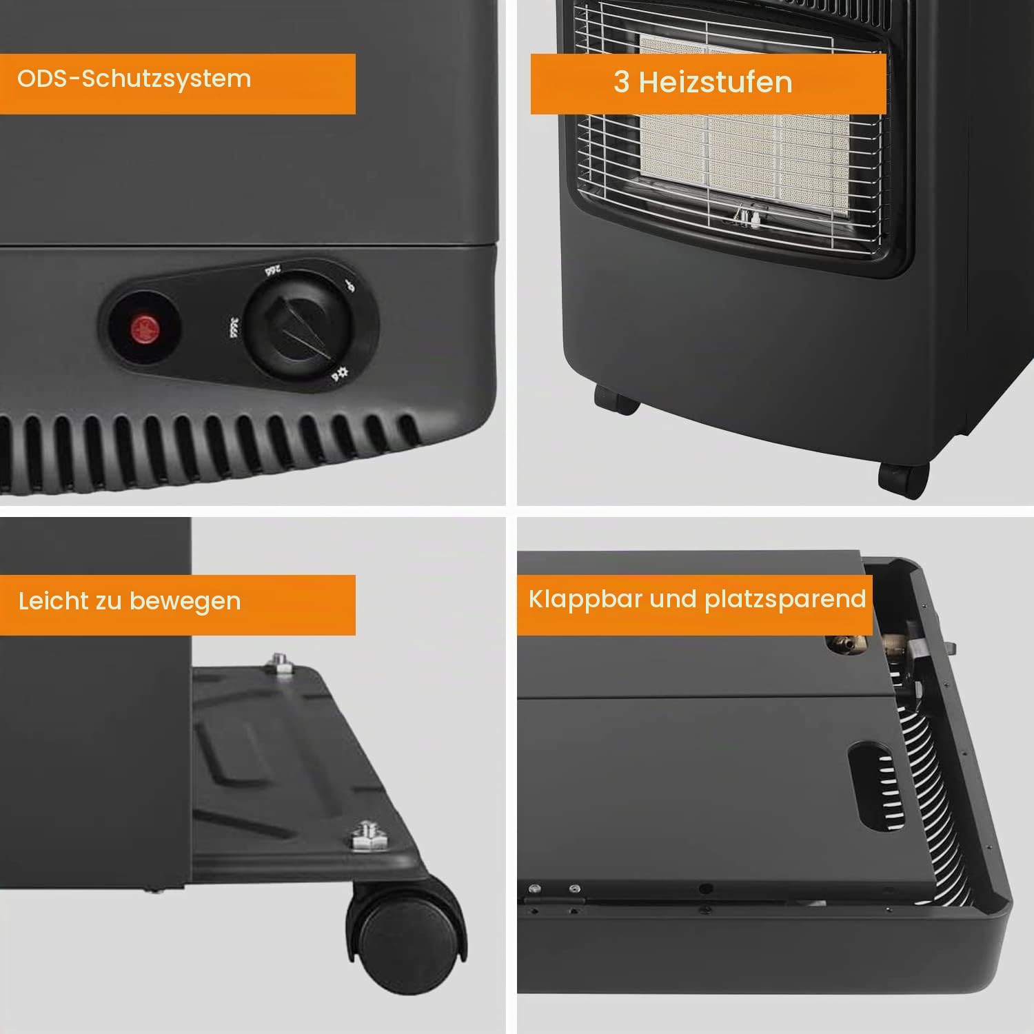 White by Brigros DA-201 Faltbarer Gasheizer, Infrarot, Piezozündung, LPG/Butan/Propan geeignet, Fach für Gasflasche bis 15 kg, ODS-System, 4200 W, schwarz