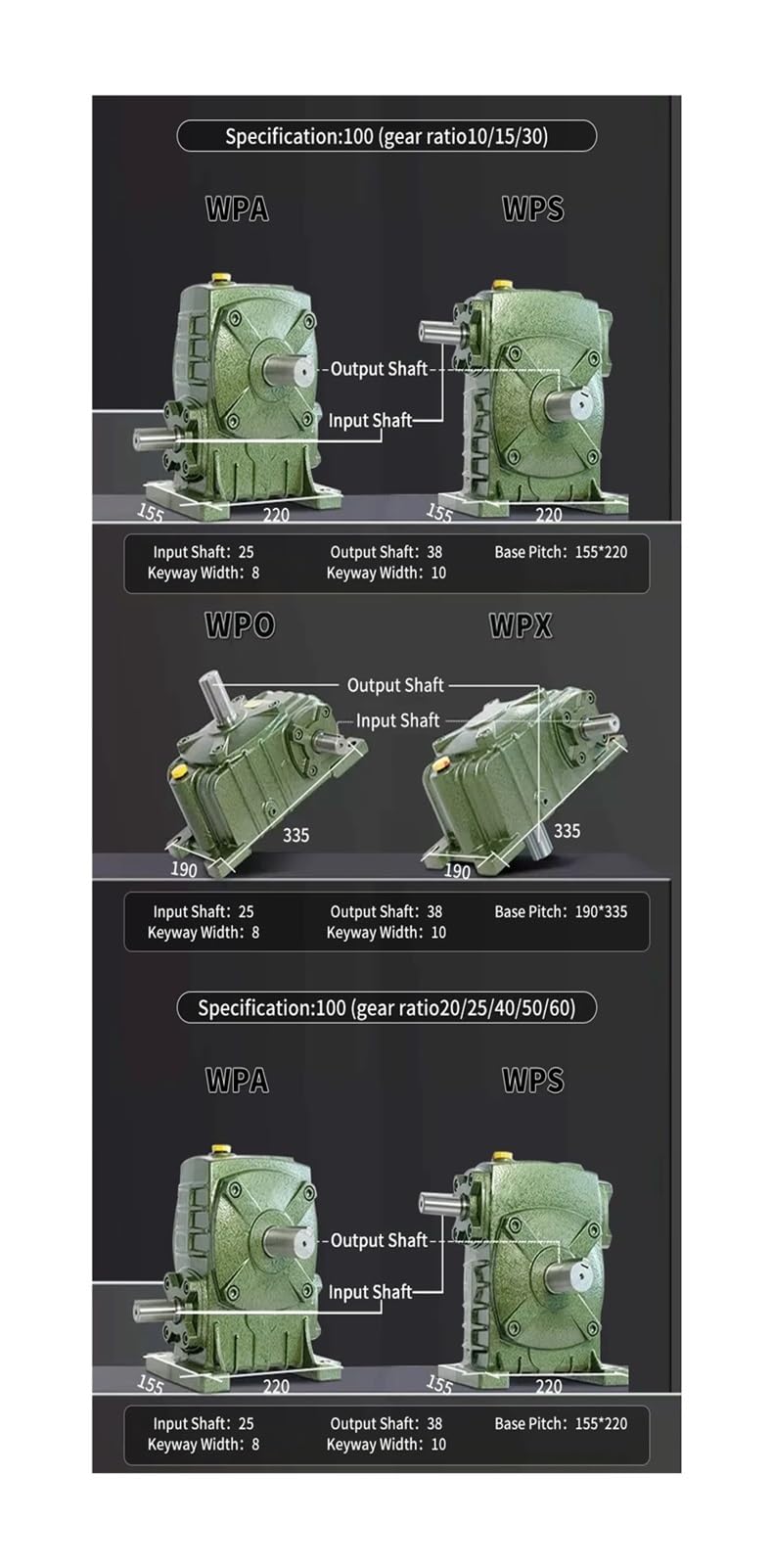 WPA WPS WPO WPX40 50 60 70 80 100 ingranaggi in ferro, riduttore riduttore riduttore per motori piccoli (50-1, WPO40)