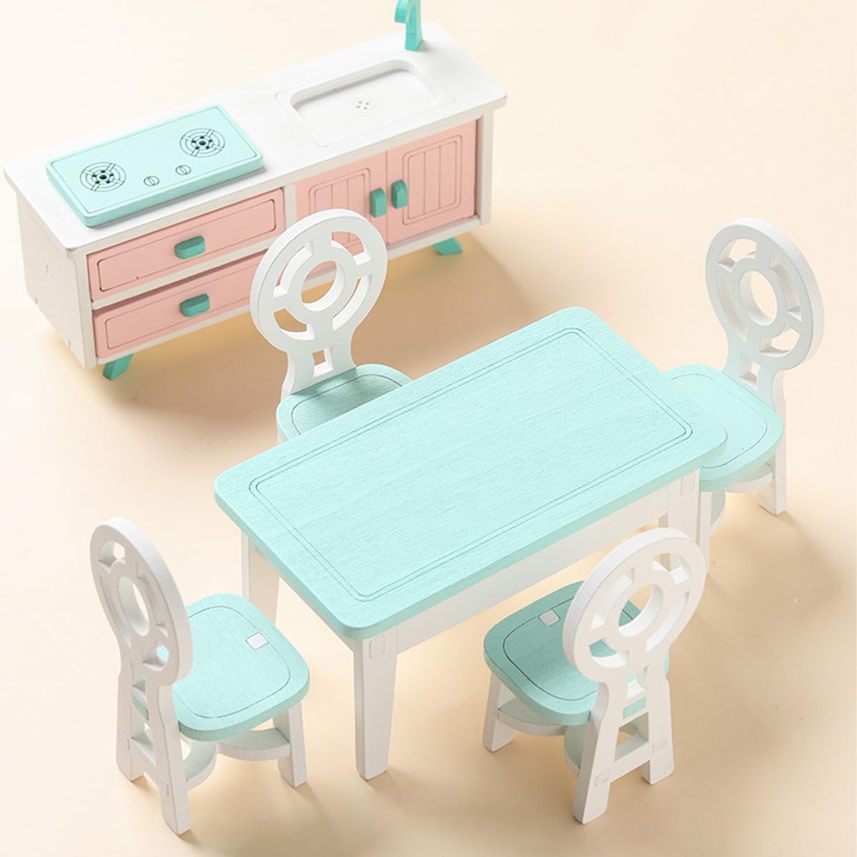 WANGCL 6 Pezzi Mini mobili da pranzo Mobili per casa delle bambole Mobili da cucina Set di oggetti di scena Ornamento Set di decorazioni per cucina in miniatura in legno massello