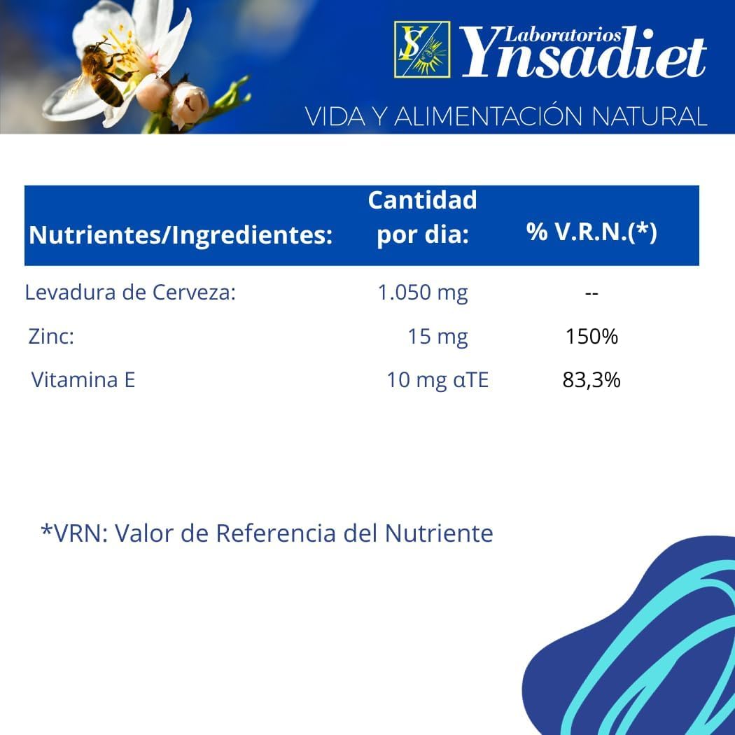 Pack 3 LevaZinc Ynsadiet 225 cápsulas vegetales, 675 cápsulas totales, levadura de cerveza con zinc y vitamina E, complemento para cabello, piel y uñas, formato ahorro.