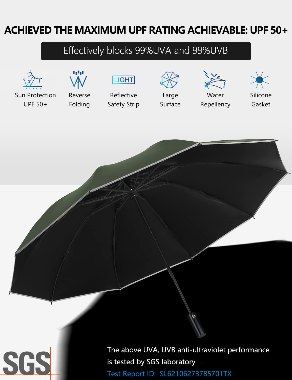 XIXVON Ombrello Pro | 99% Protezione UV UPF 50+, Striscia Di Sicurezza Riflettente, Resistenza Antivento, Portatile, Automatico | Ombrello Inverso