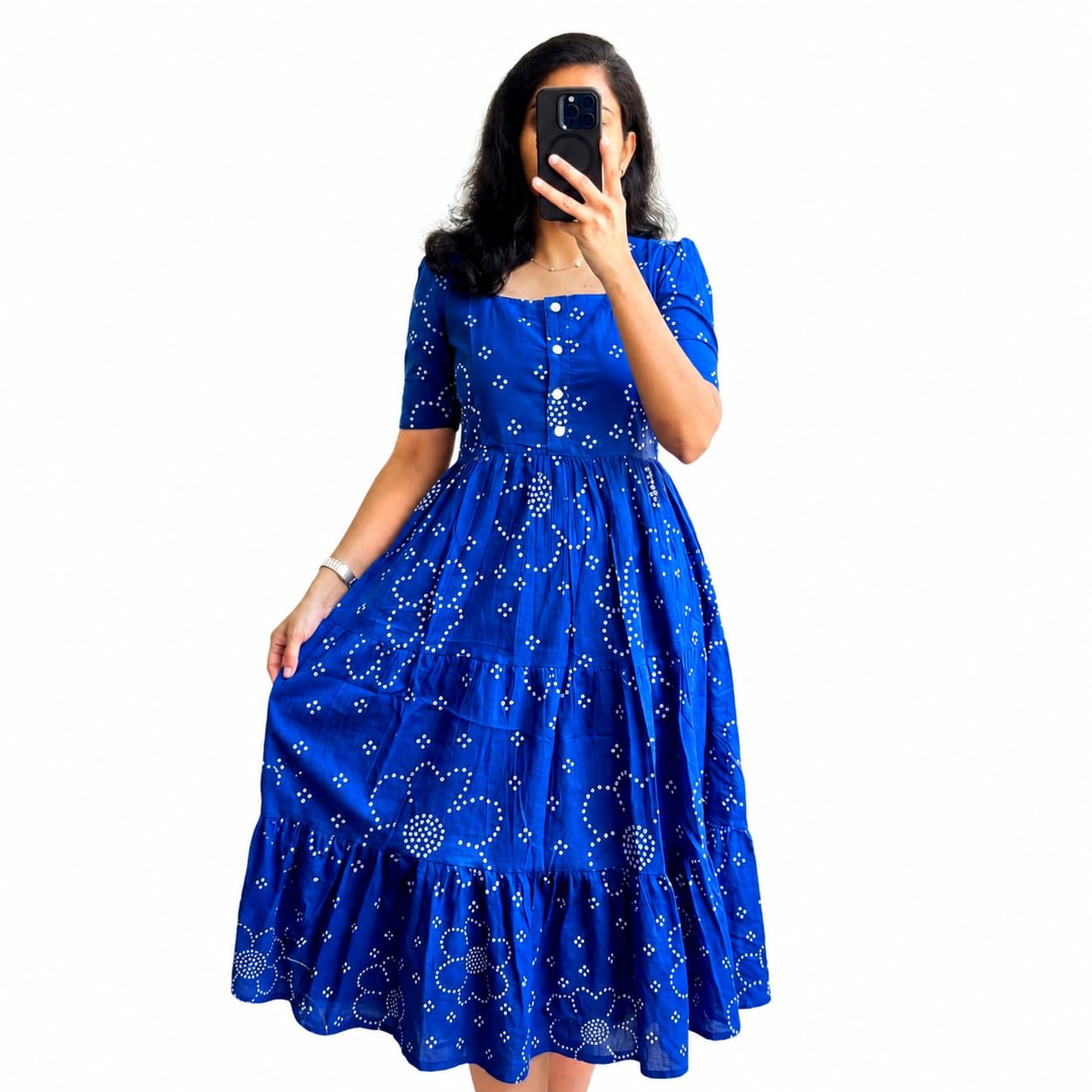 Women's Blue Bandhani Print Tiered Maxi Dress, Short Sleeve, Square Neck, Cotton-picture-17