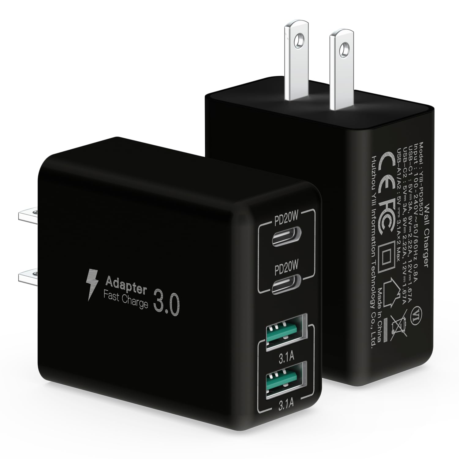 sccvee [2 Pack] USB C Wall Charger, 40W 4-Port USB C Charger Block,Fast Charging Block Dual Port PD+QC Wall Plug Multiport Type C Compatible with