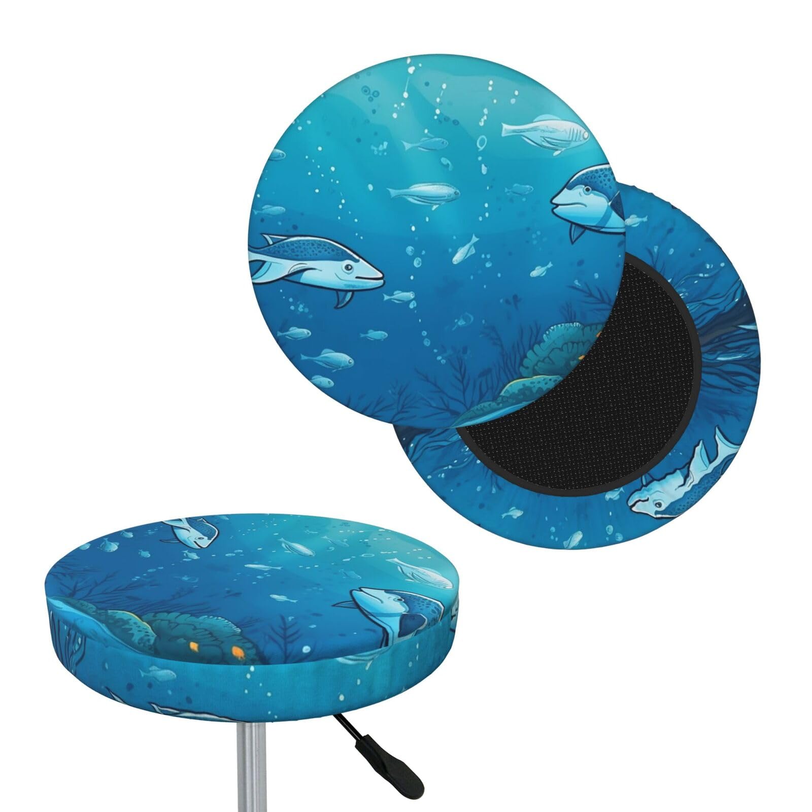 NONHAI Underwater Ocean Illustration Bar Stool Cover Round Elastic Stool Cushion Covers Dustproof Bar Chair Cover Washable Stool Cushion Slipcover Stretch Stool Seat Covers for 12-14 Inch Chair