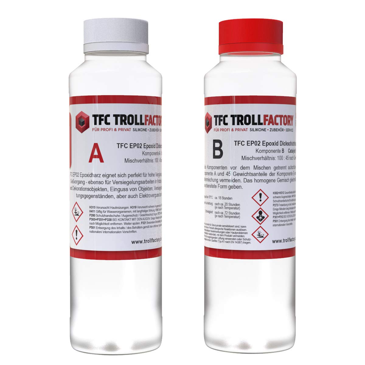 TFC Troll Factory EP02 - Capa gruesa de resina epoxi con endurecedor, juego de 75 kg (50 kg + 25 kg), 100 mm en una sola pieza I Set A y B incluye guantes desechables I vidrio fundido transparente