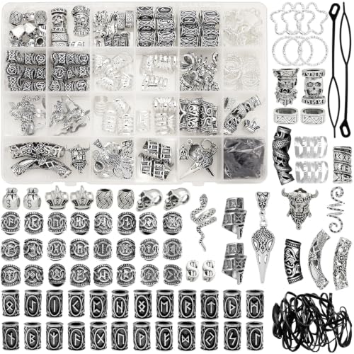 Fscwlmon 215 Pcs Viking Dreadlock Accessories Hair Charms Norse Runes Tube Beads Metal Clips Cuffs Rings Vikings Jewelry For Women Bracelets Pendant Necklace DIY Braid Accessories Silvery