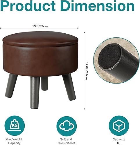Miniatura 3 de Taburete otomano pequeño con almacenamiento, reposapiés otomano de piel sintética para sofá, reposapiés redondo para sala de estar (marrón) Marrón